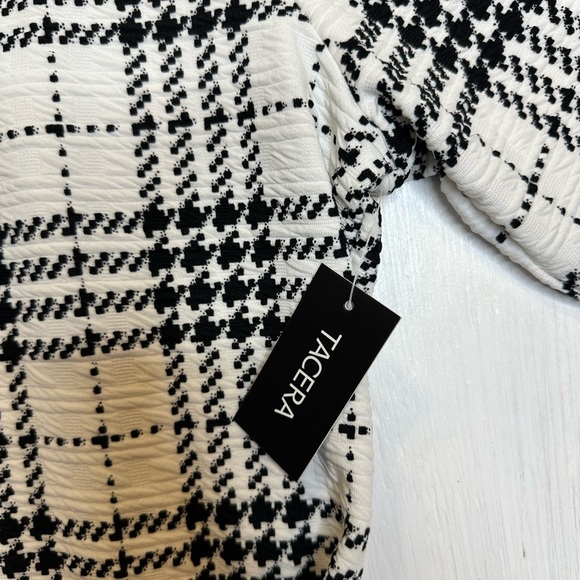 TACERA Black White Plaid Textured Midi Dress L Stretch 3/4 Sleeve Knit NWT - Picture 8 of 10